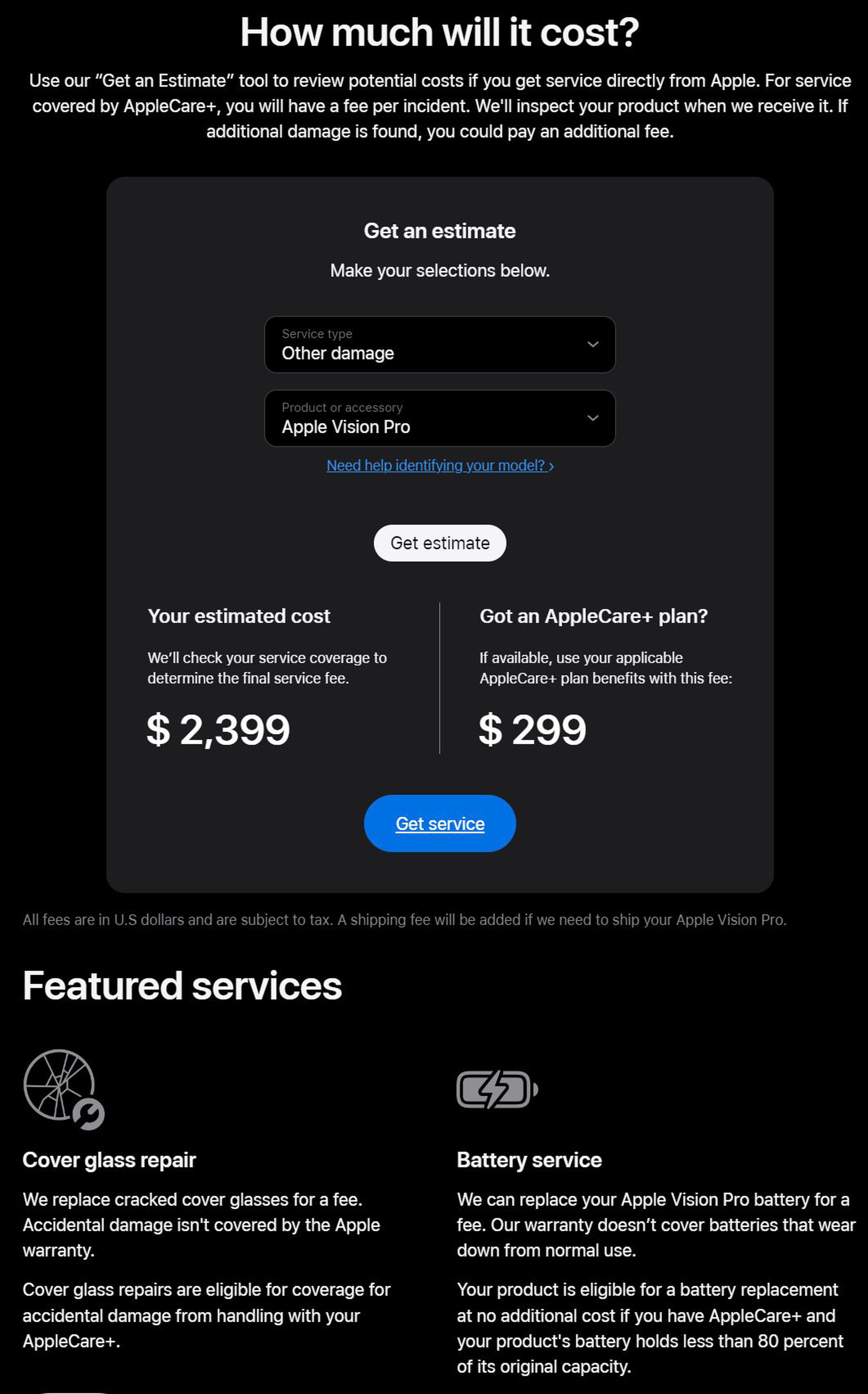 Screenshot of Apple’s website for cost estimates on Vision Pro repairs showing a potential cost of $2,399.