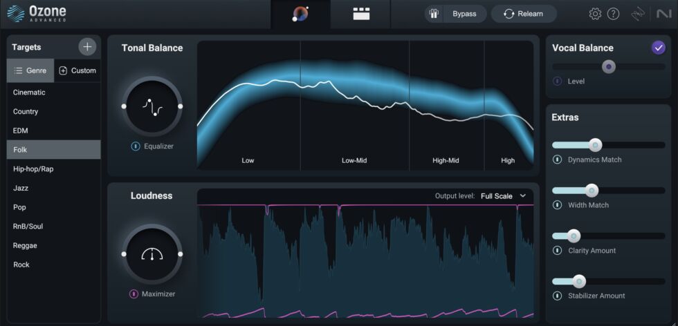 Ozone's main AI-powered screen. Pick the genre on the left, make some tweaks on the right, and watch the pretty graphs in the center.