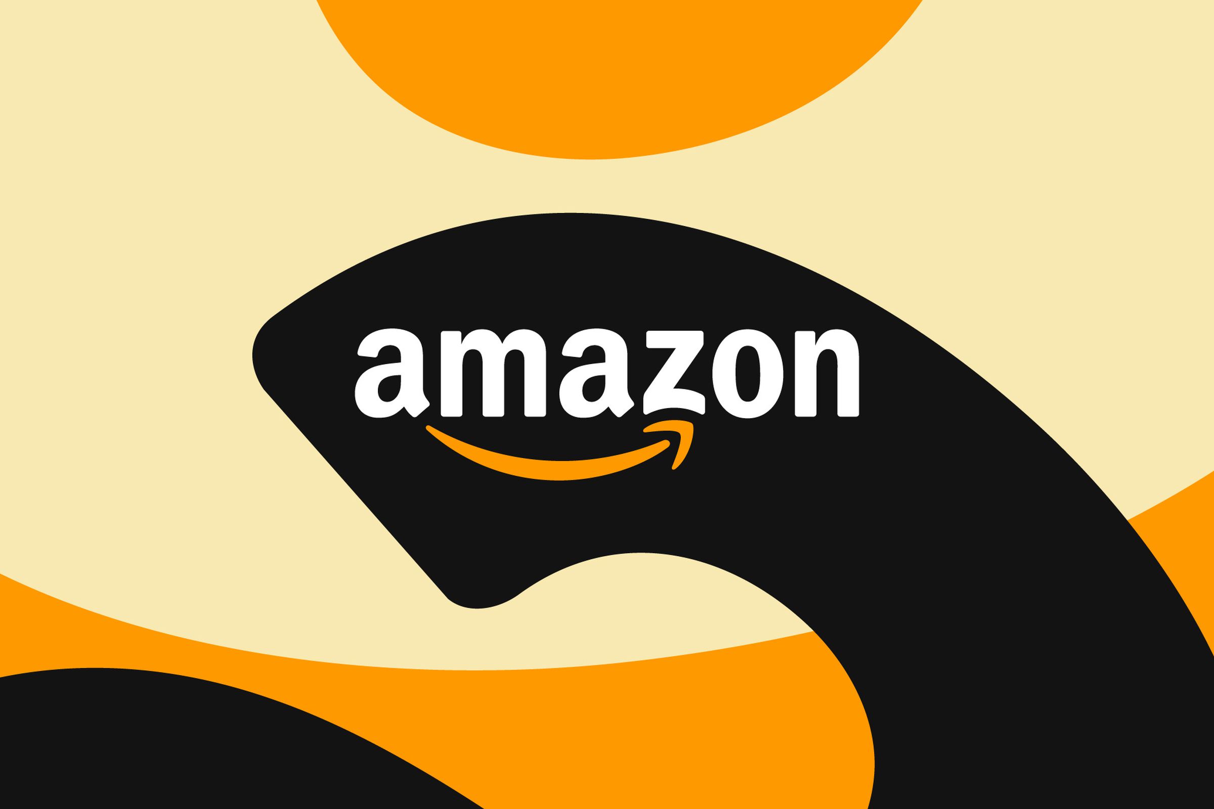 Illustration showing Amazon’s logo on a black, orange, and tan background, formed by outlines of the letter “A.”