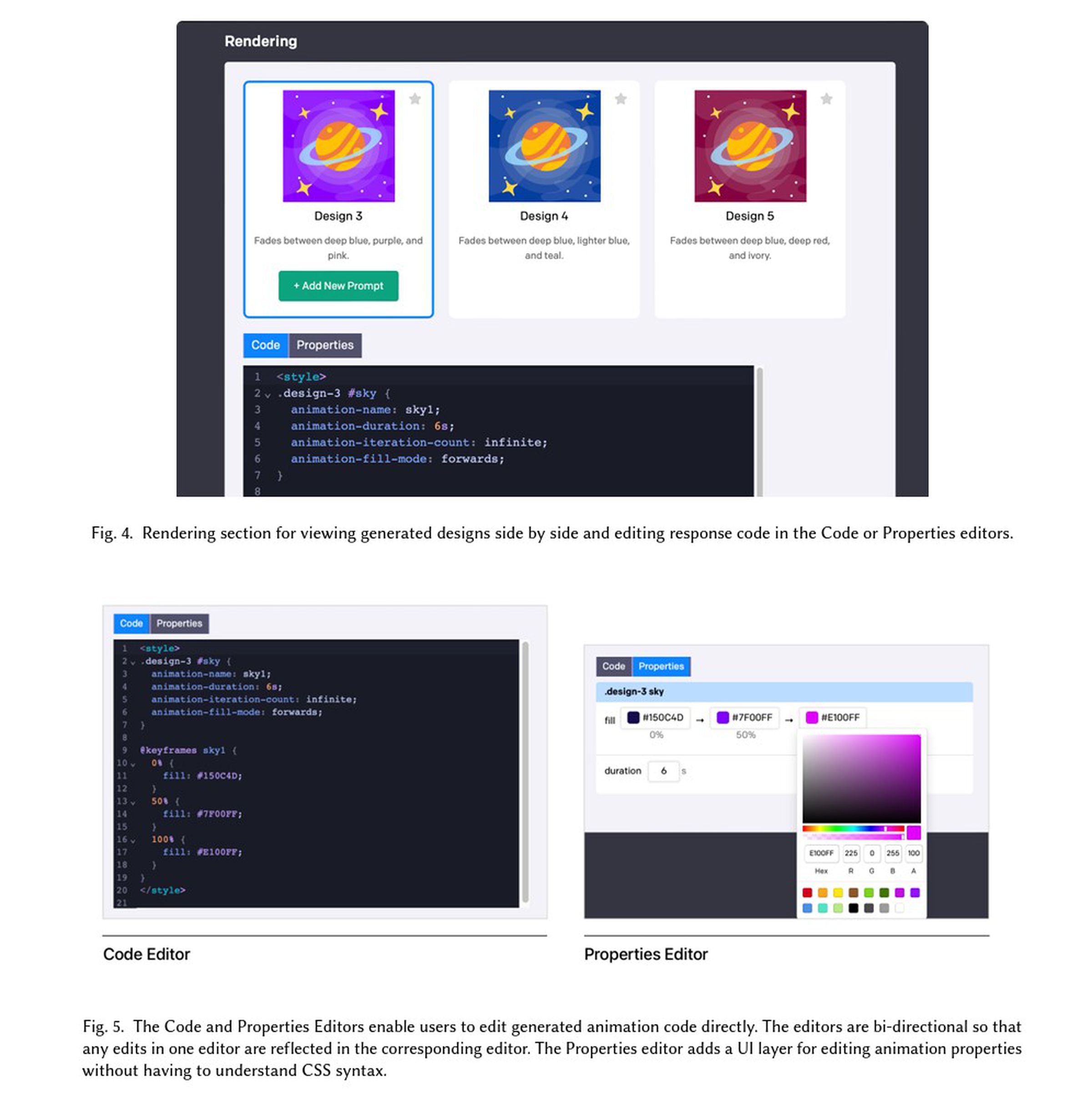 Screenshots of Apples Keyframer animating tool showing the code and properties windows.