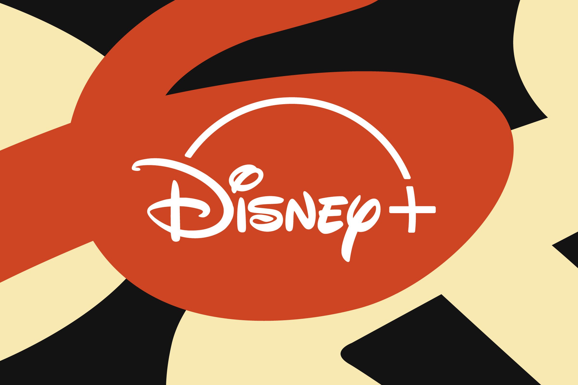 The Disney Plus logo in the middle of orange and beige circular shapes.