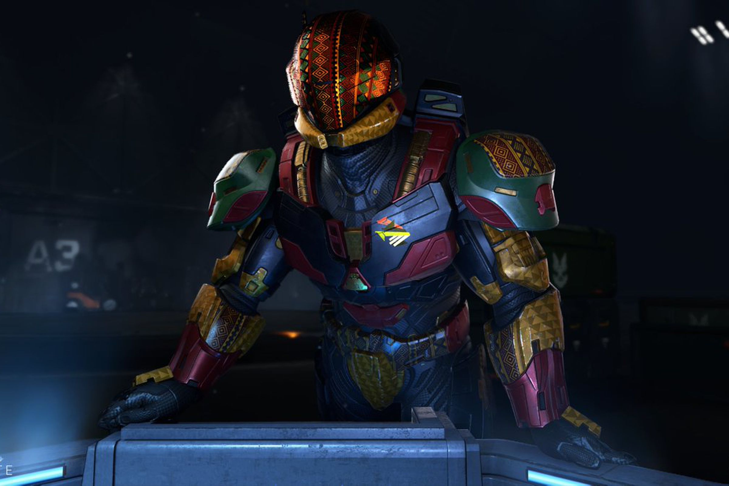 Image from Halo: Infinite featuring a Spartan wearing armor customized with African themed armor shaders.