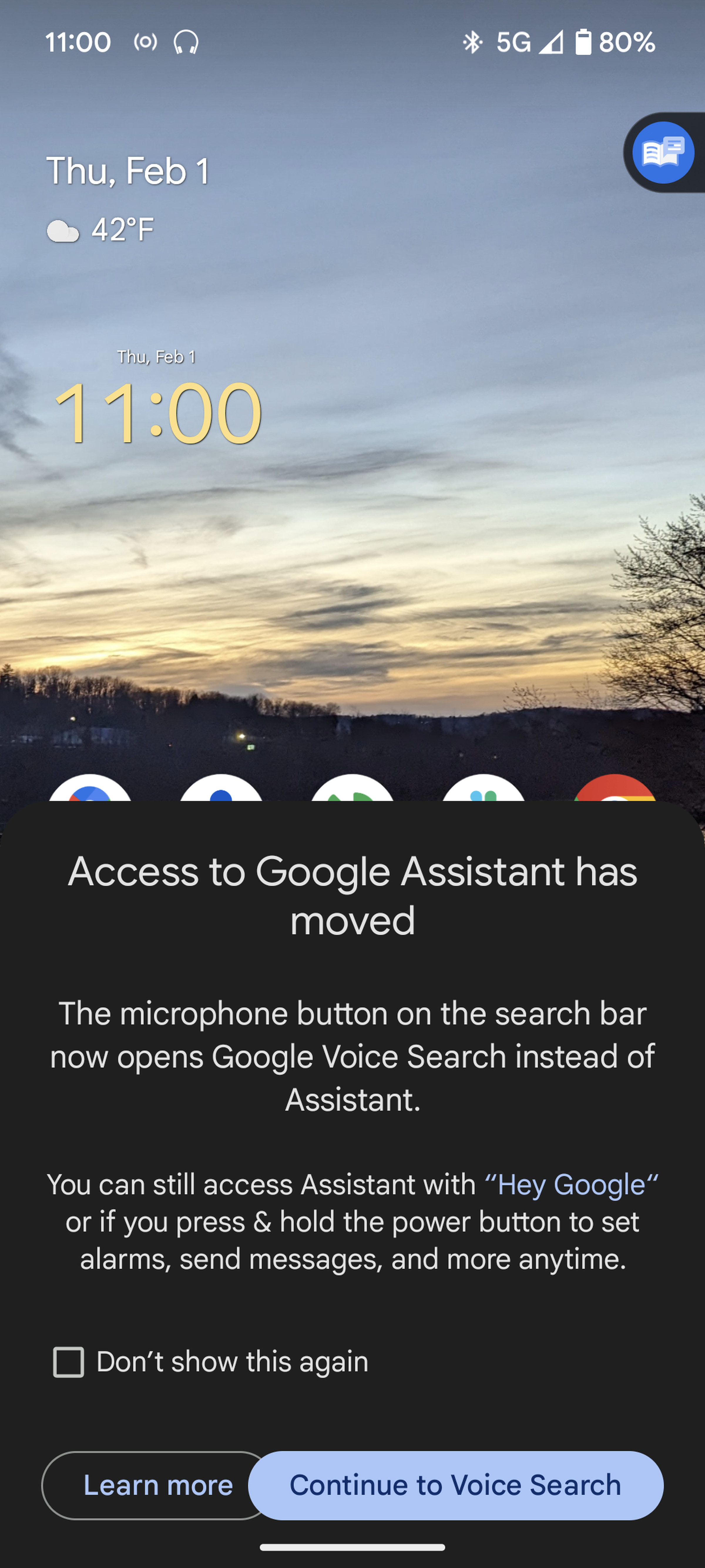 Popup on mobile screen saying “Access to Google Assistant has move” with an explanation.