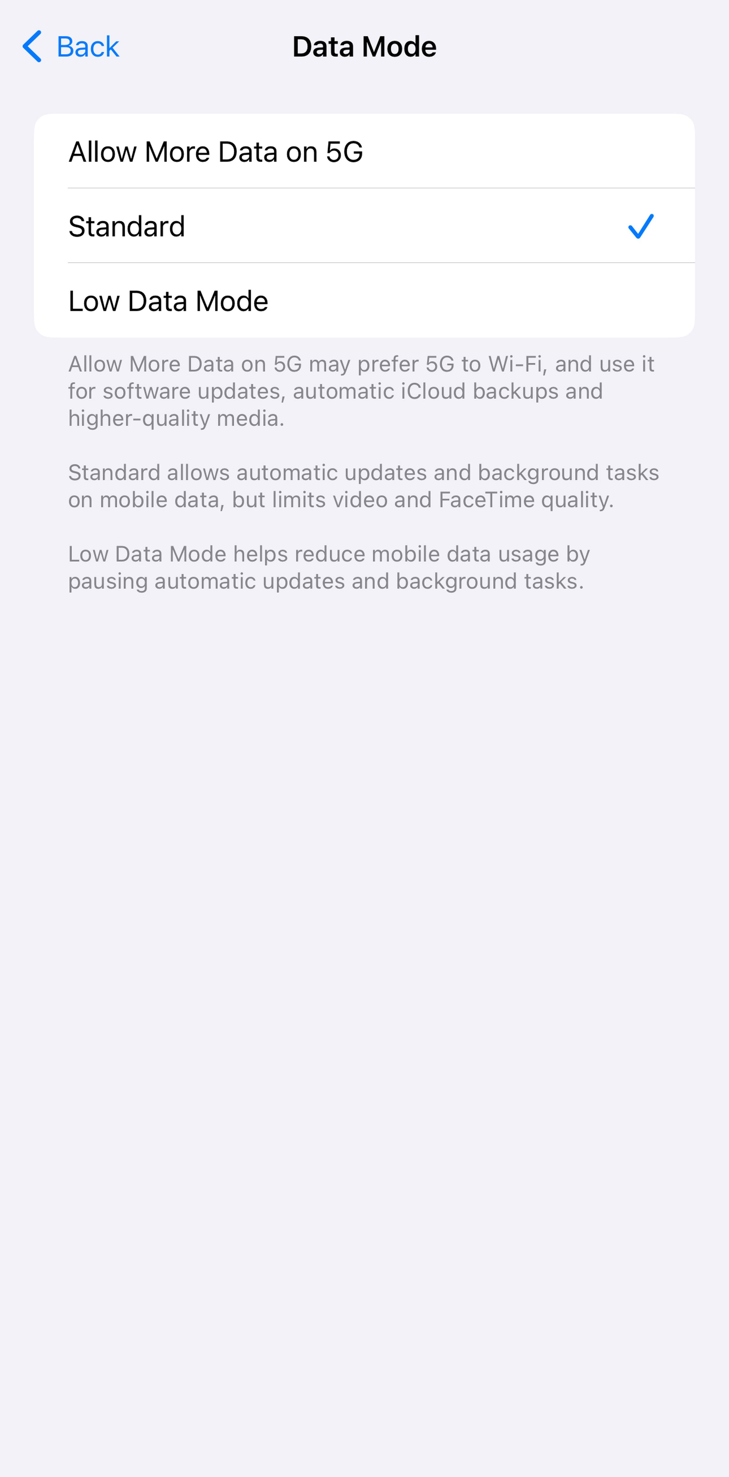 Mobile screen headed Data Mode, under lists Allow More Data on 5G, Standard, and Low Data Mode.