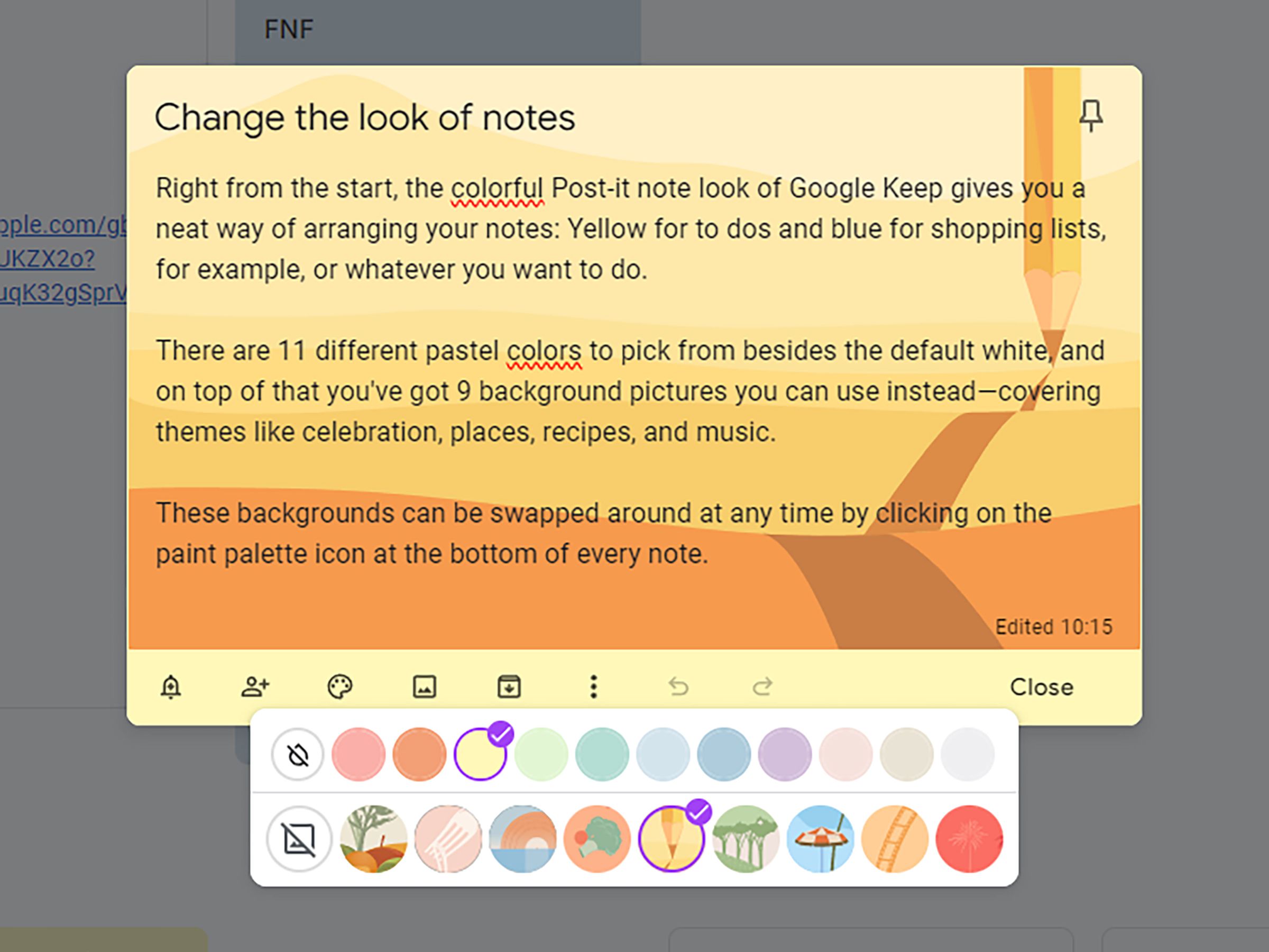 A Keep note headed “Change the look of notes” with a yellow / orange background.