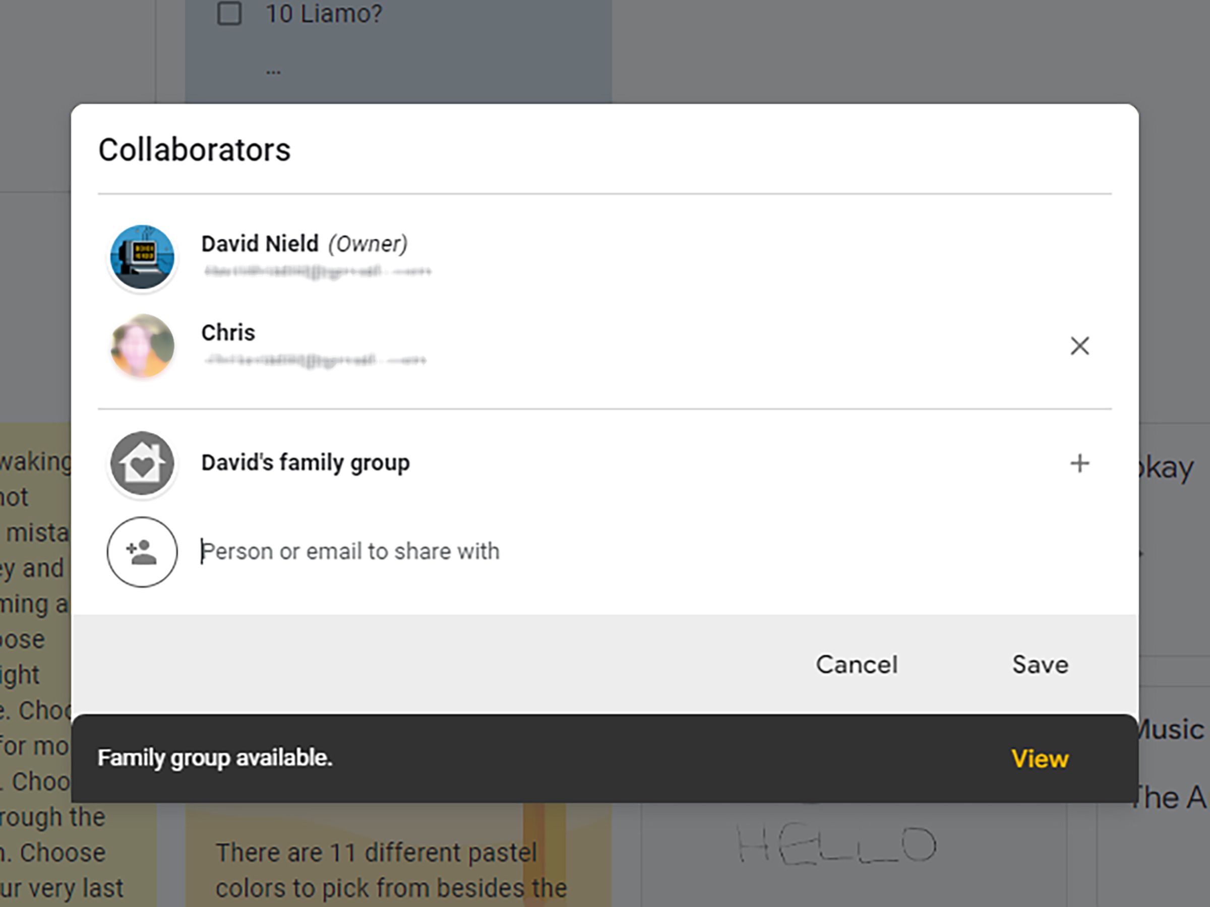 Pop-up headed Collaborators with list of people below it.