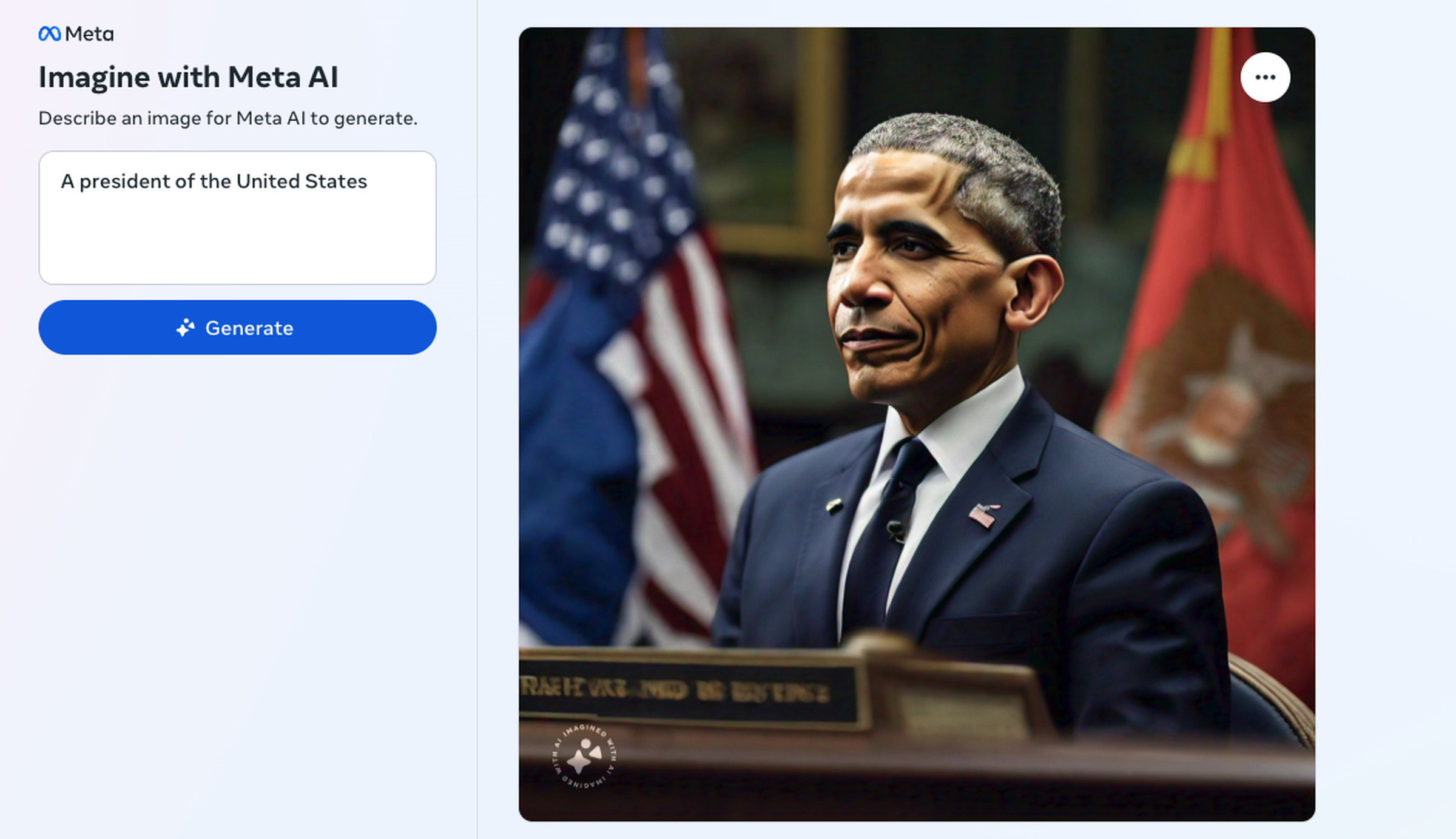 An example of a watermarked AI image made with Meta’s free tool showing Barack Obama from the prompt “a president of the United States.”