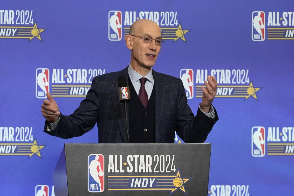 NBA Commissioner Adam Silver speaks during a news conference during the NBA basketball All-Star weekend Saturday, Feb. 17, 2024, in Indianapolis. (AP Photo/Darron Cummings)