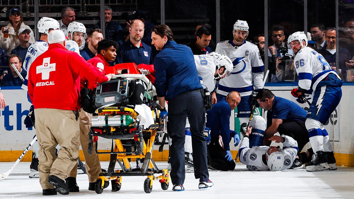 A stretcher brought out for Mikhail Sergachev