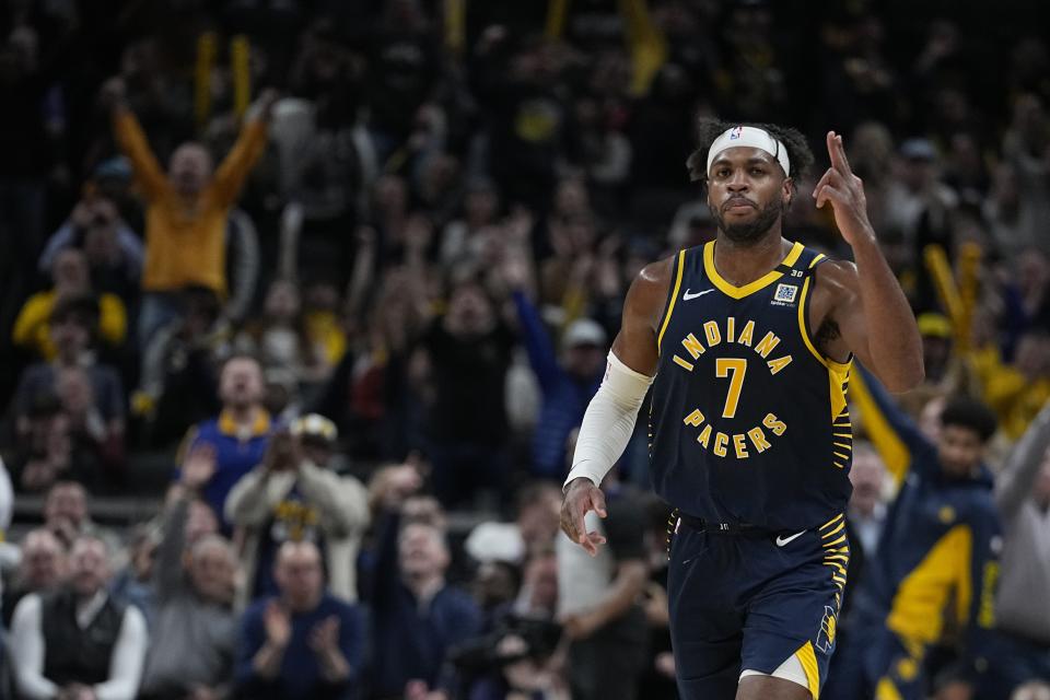 Indiana Pacers' Buddy Hield reacts during the second half of an NBA basketball game against the Houston Rockets, Tuesday, Feb. 6, 2024, in Indianapolis, (AP Photo/Darron Cummings)