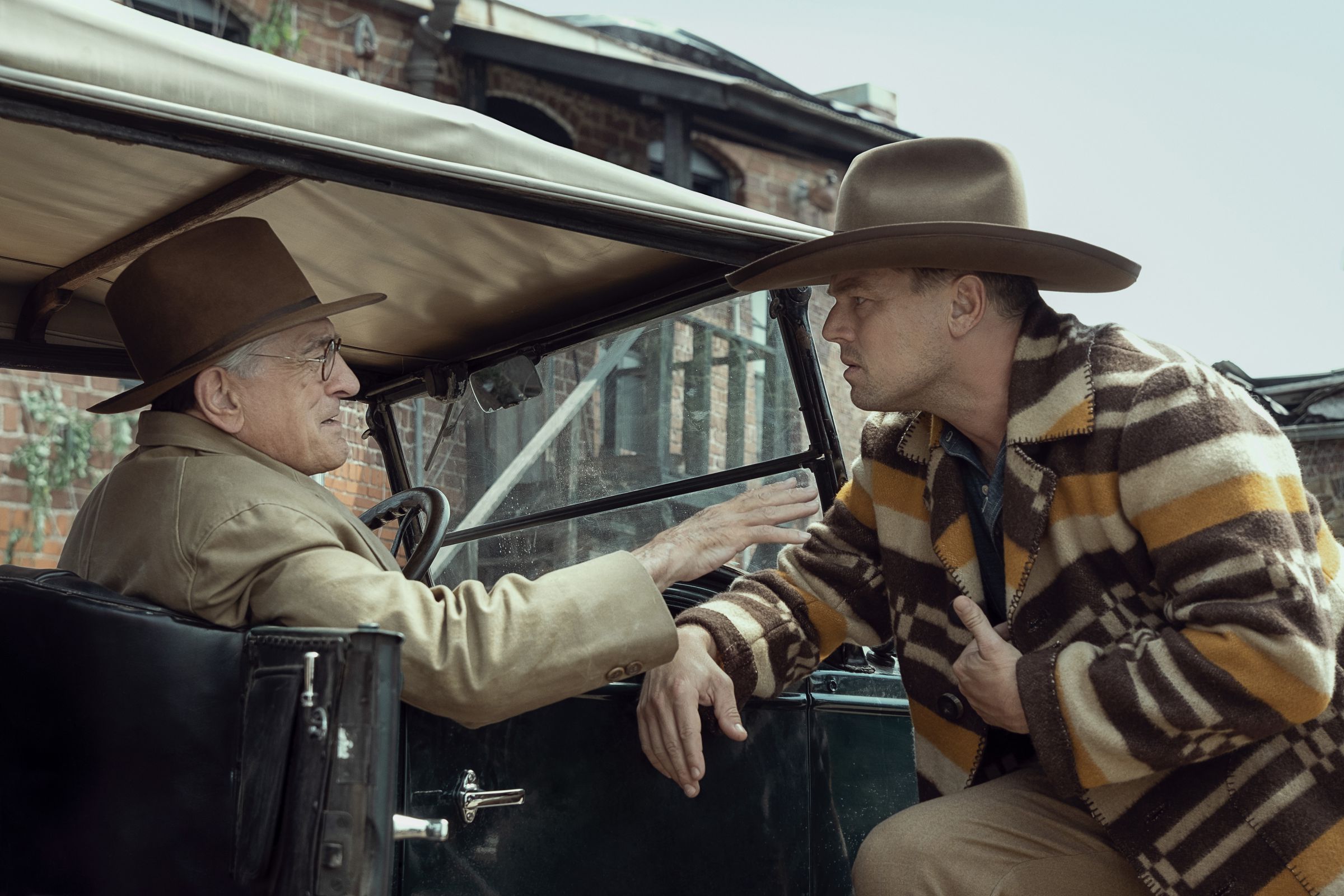 A still photo of Robert De Niro and Leonardo DiCaprio in Killers of the Flower Moon.