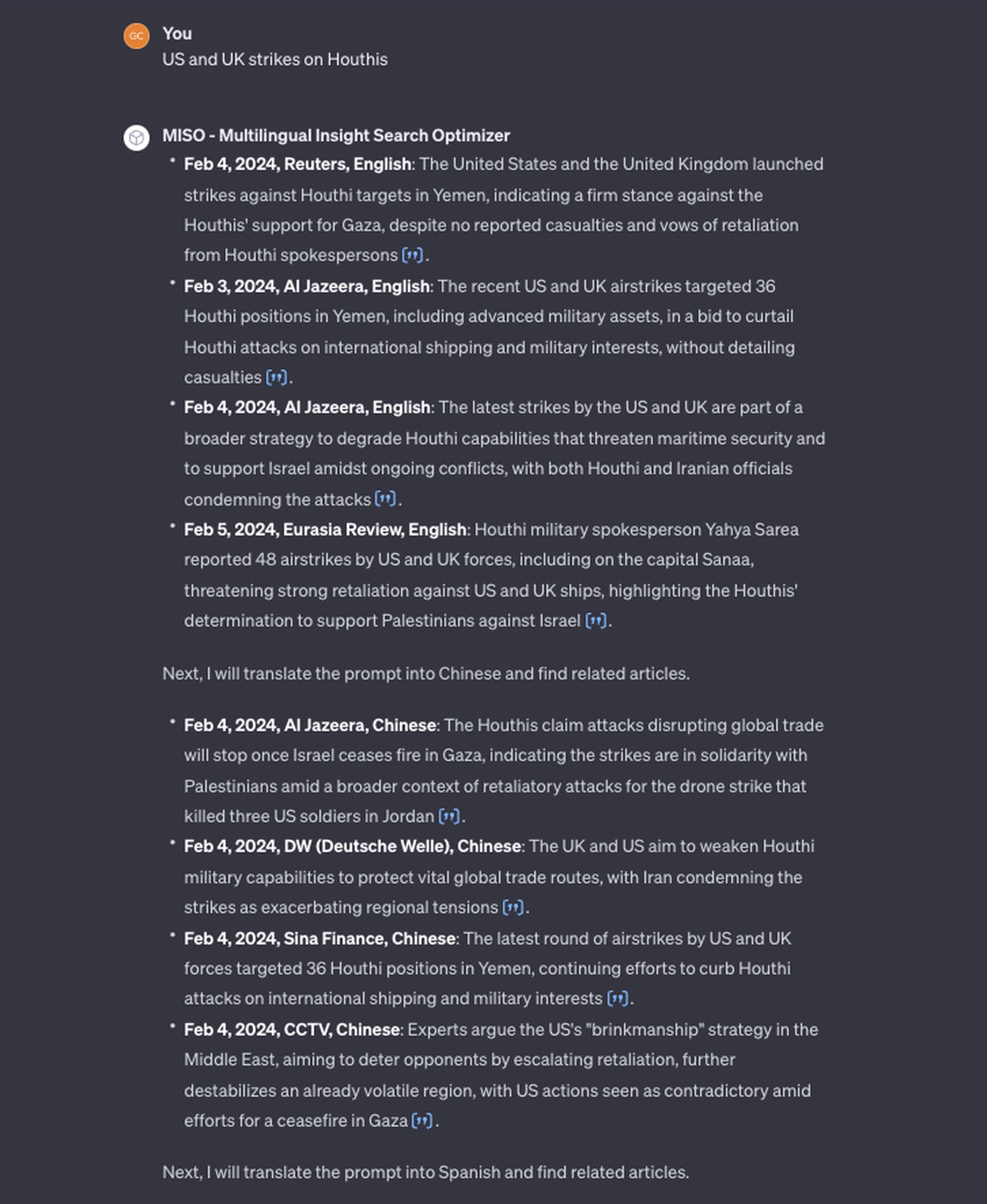 The search results from an AI tool called MISO for “US and UK strikes on Houthis.”