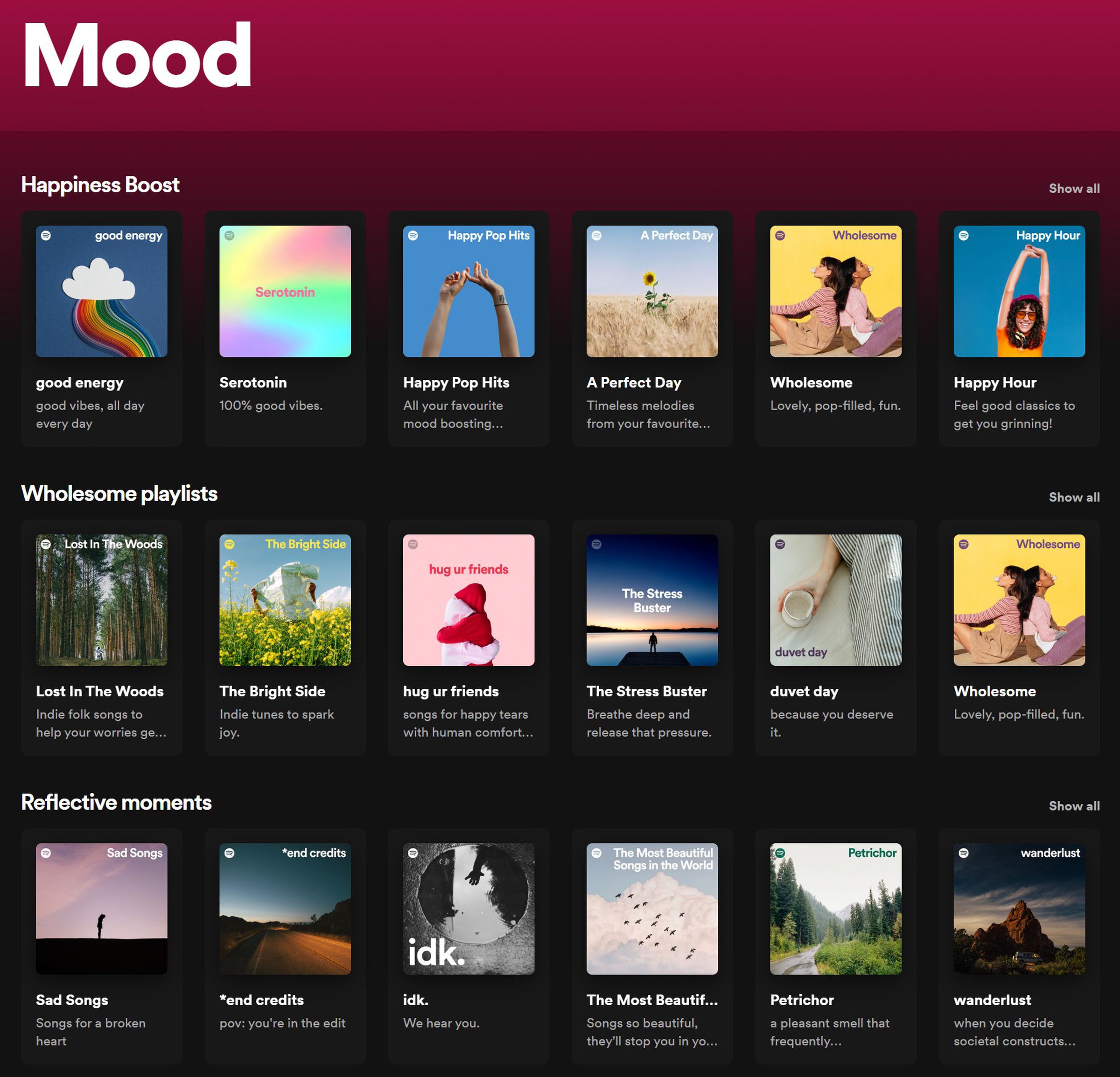 A screengrab of mood-based playlists being recommended by Spotify.