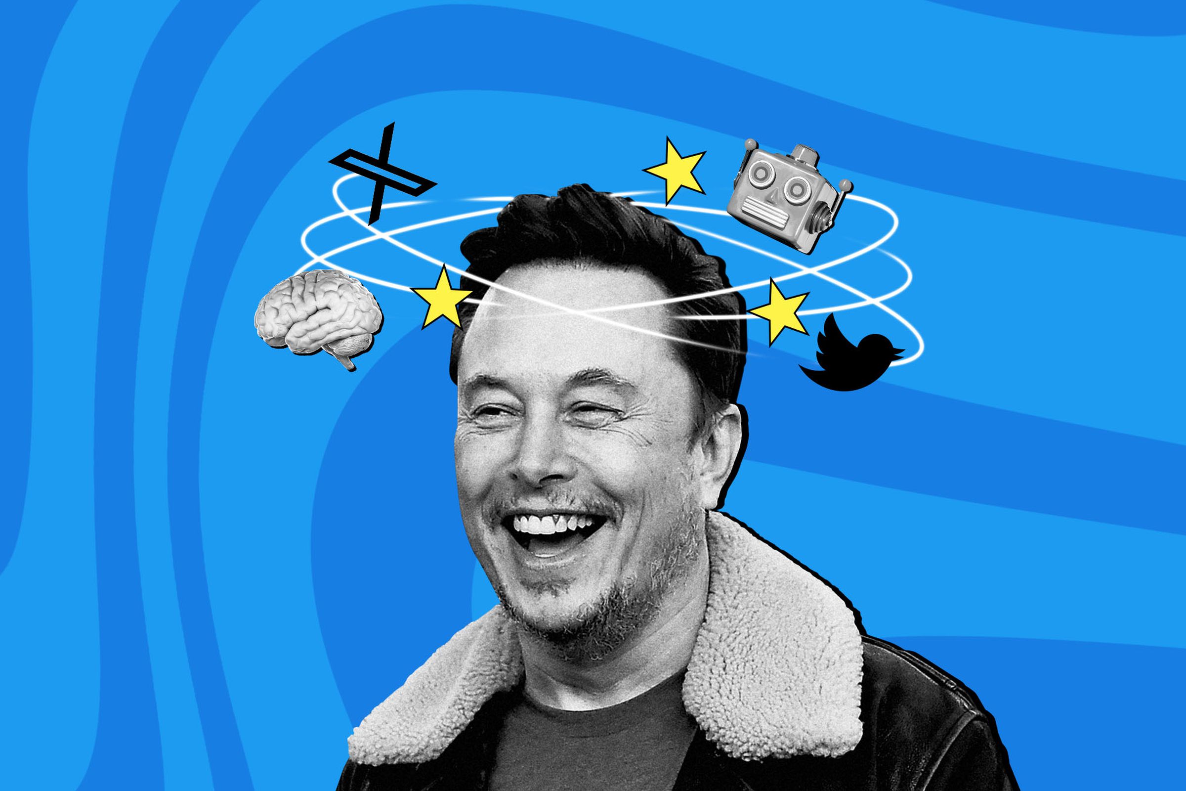 Photo illustration of Elon Musk with stars flying around his head in a cartoon-like fashion, as if he is dizzy.