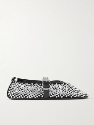 Crystal-Embellished Patent Leather-Trimmed Mesh Ballet Flats