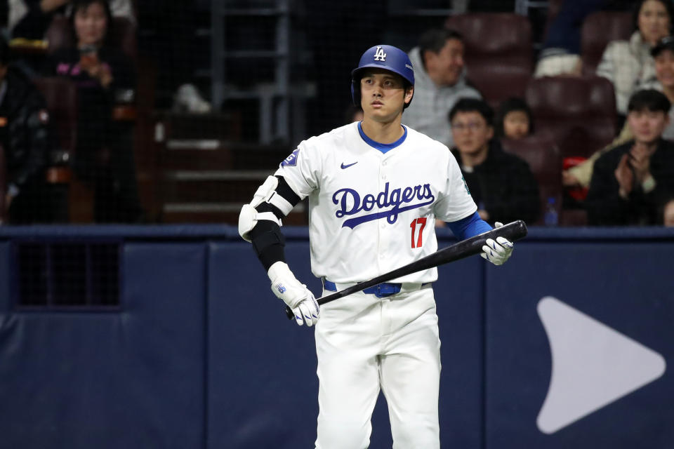 SEOUL, SOUTH KOREA - MARCH 18: Shohei Ohtani #17 of the Los Angeles Dodgers prepares at bat in the 5th inning during the exhibition game between Team Korea and Los Angeles Dodgers at Gocheok Sky Dome on March 18, 2024 in Seoul, South Korea. (Photo by Chung Sung-Jun/Getty Images)