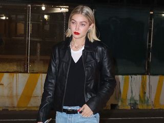 Gigi Hadid wearing a leather jacket