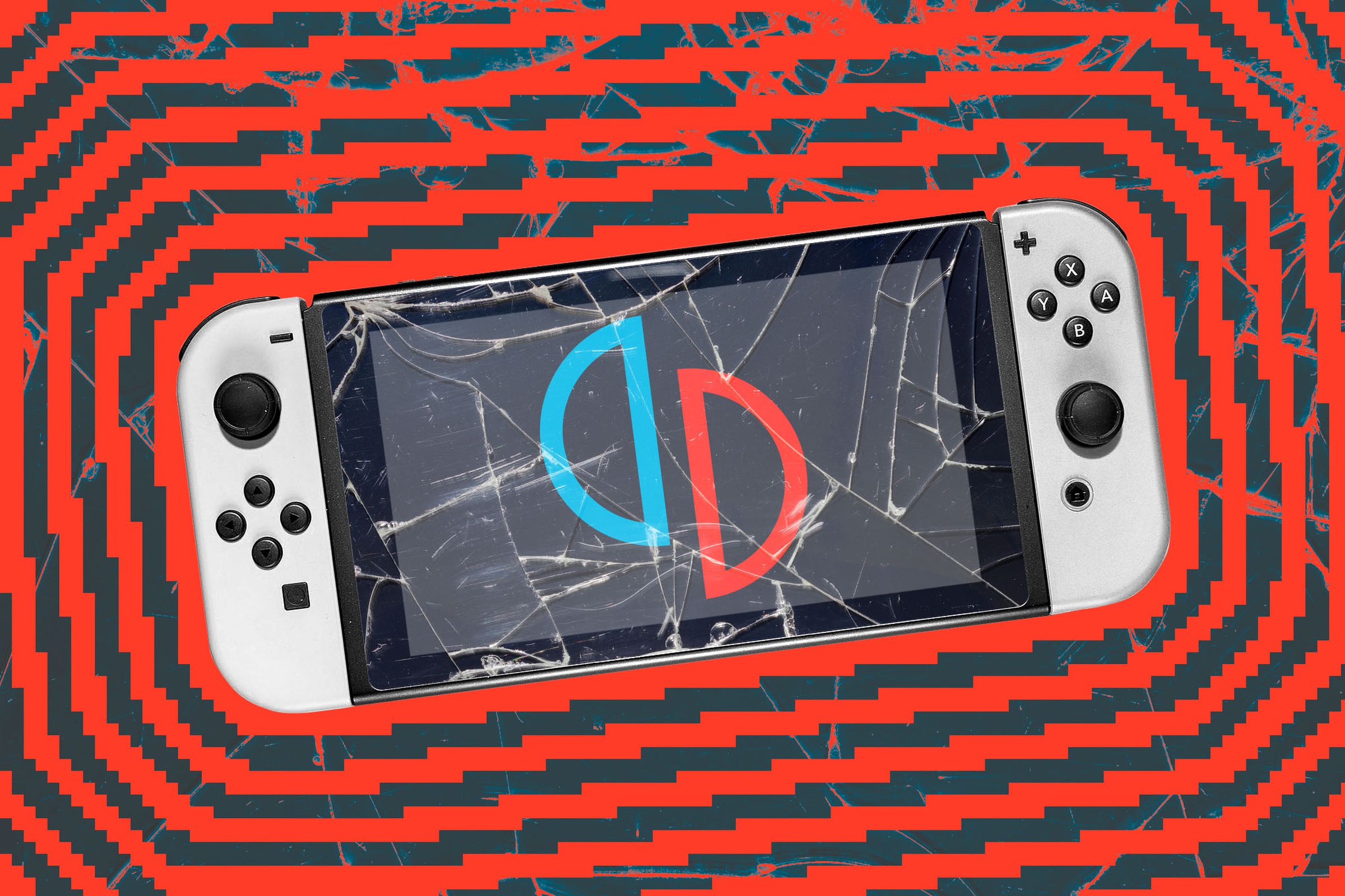 Photo illustration of a Nintendo Switch with a broken screen and the Yuzu logo.