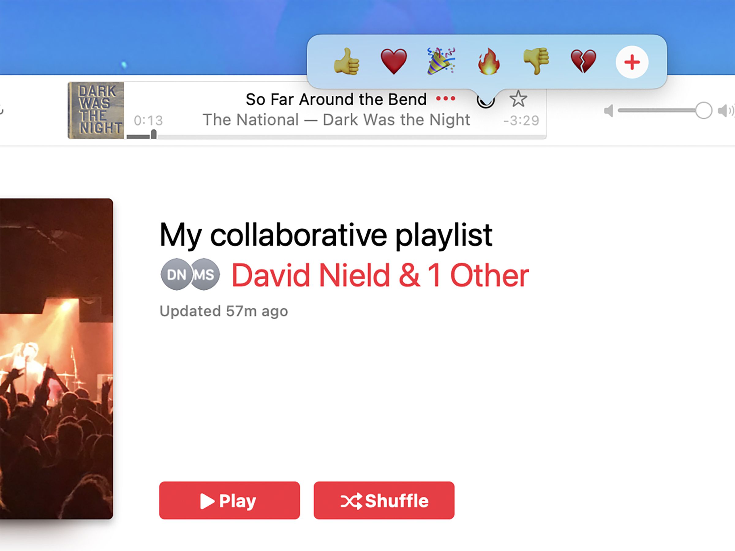 Screenshot of photo on left with My Collaborative playlist in the center, and a line of emojis on top.