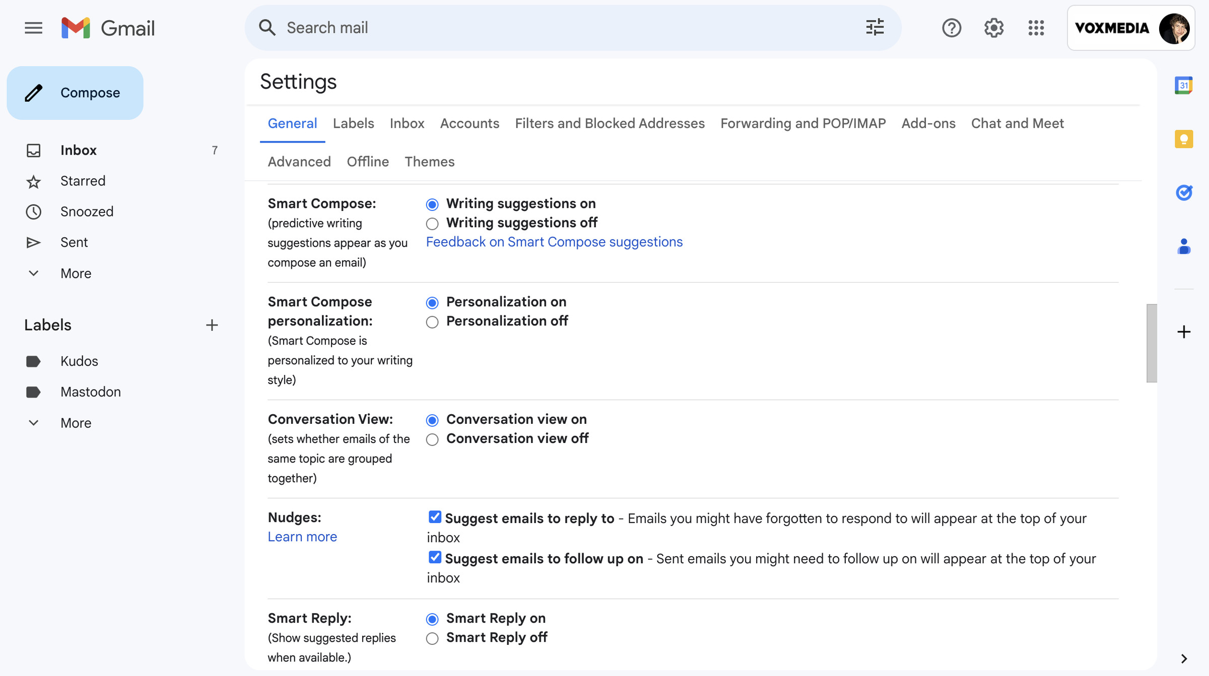 Gmail page with Settings showing Smart Compose, Smart Compose personalization, Conversation View, Nudges, and Smart Reply.