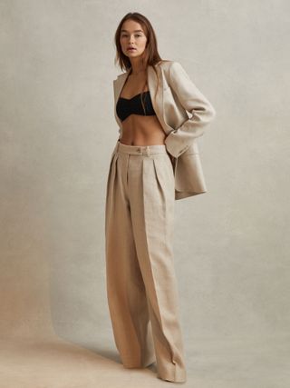 Reiss Natural Cassie Linen Wide Leg Suit Trousers