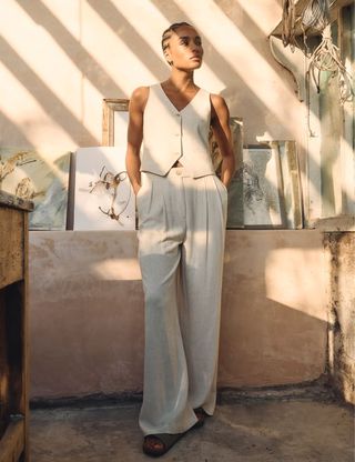 Cream Linen-Blend Relaxed Tailored Trousers