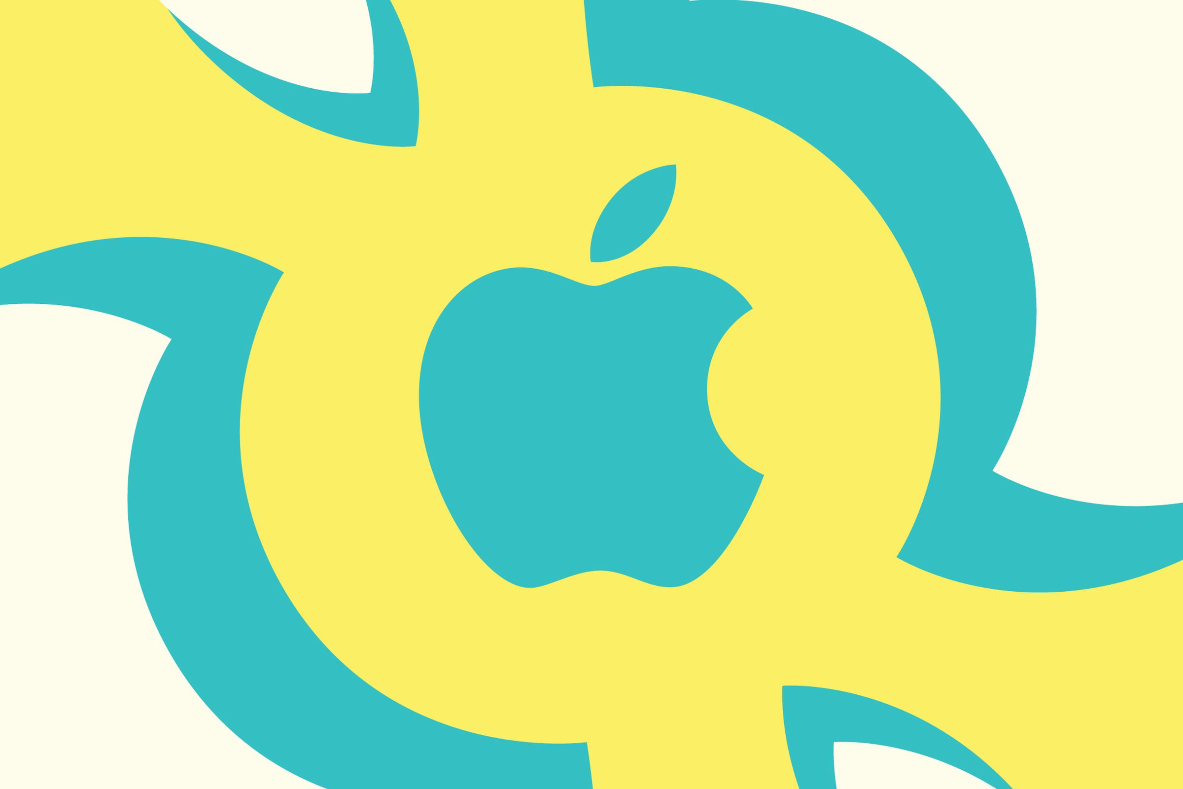 Illustration of the Apple logo on a yellow and teal background.