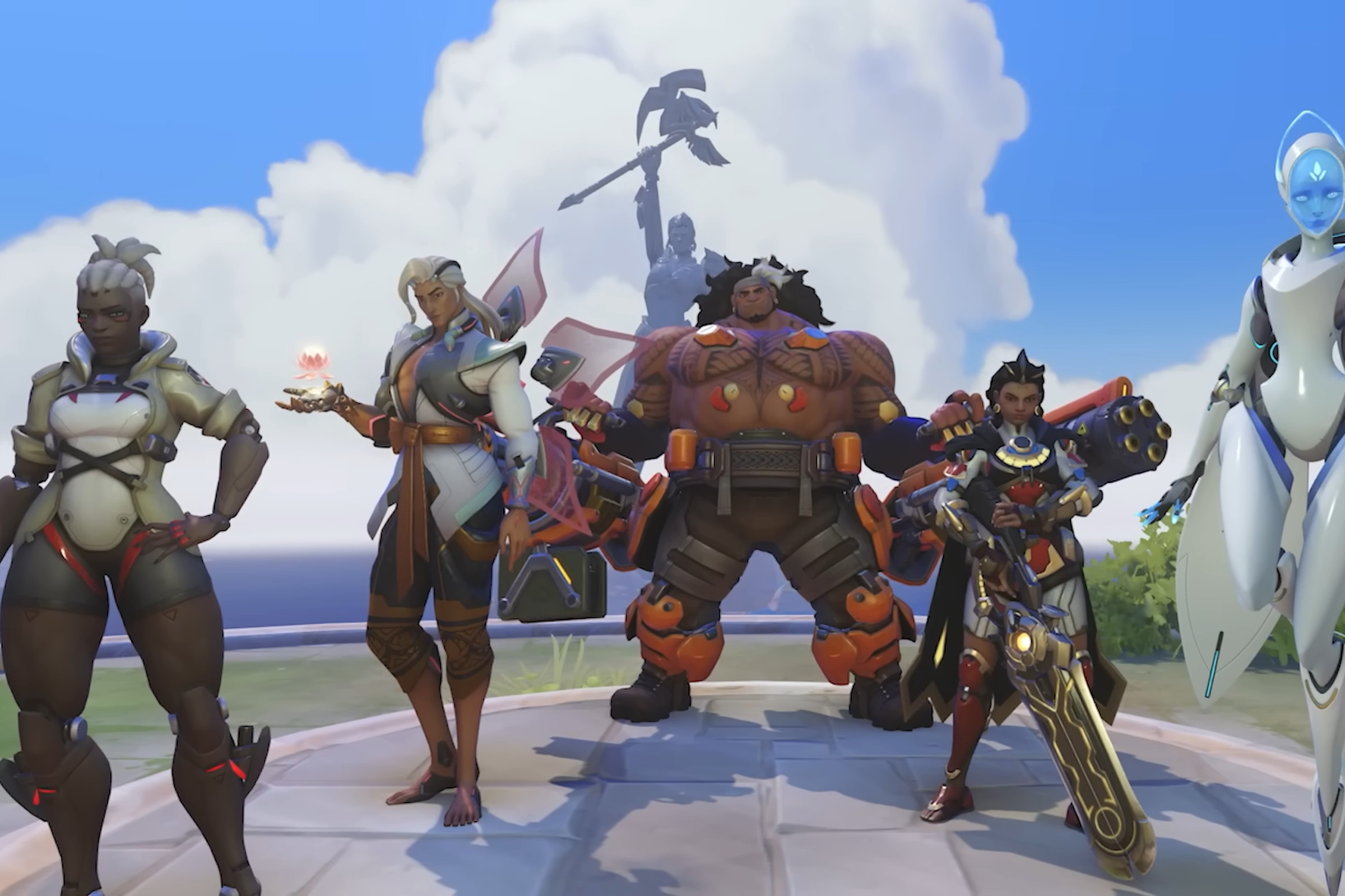 Screenshot of several Overwatch characters posing (Sojourn, Lifeweaver, Mauga, Illari, and Echo)