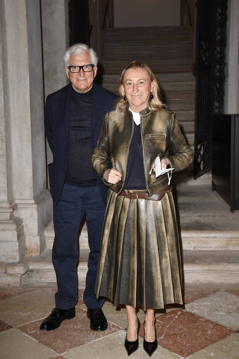 Patrizio Bertelli and Miuccia Prada attend the opening of "Human Brains: It Begins with an Idea" at Fondazione Prada, their contemporary art foundation.