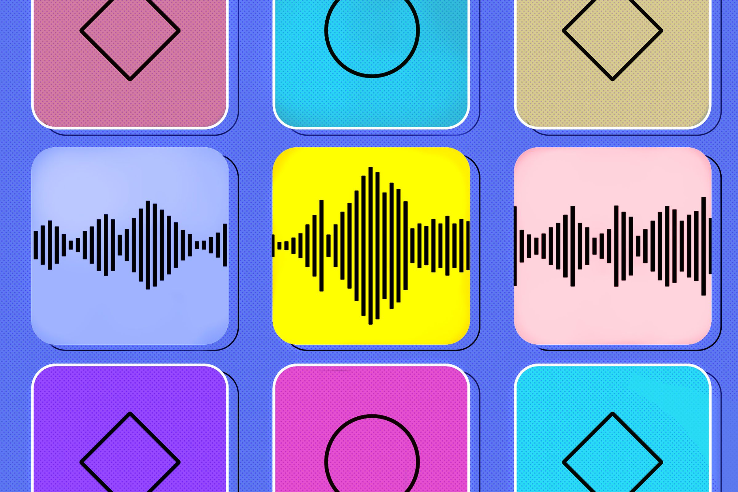 Nine colorful squares on a pale blue background. The middle row of squares have audio waveforms in them.