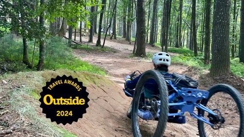 An adaptive cyclist heads up one of the new Gateway Trails in Old Fort, North Carolina.