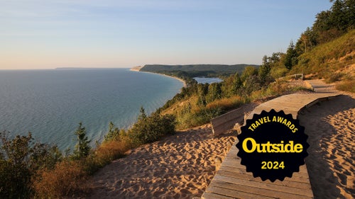 A panoramic view of Lake Michigan and Sleeping Bear Dunes National Lakeshore