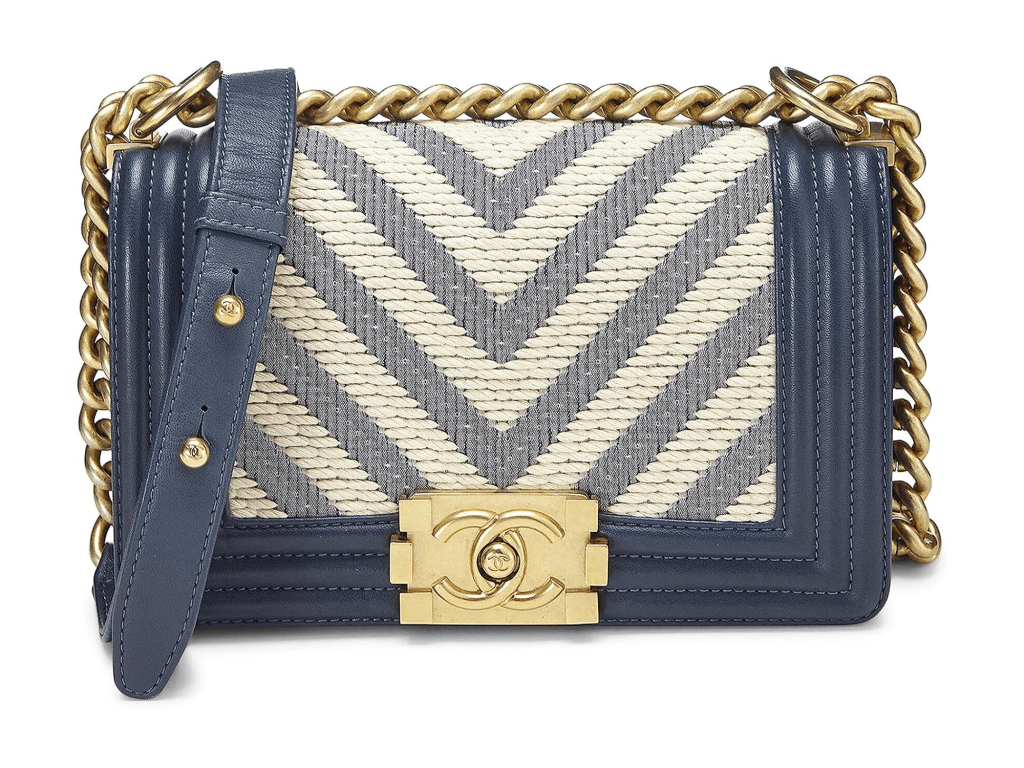 Chanel Pre-Loved Blue Woven Chevron Boy Bag, Small, Blue