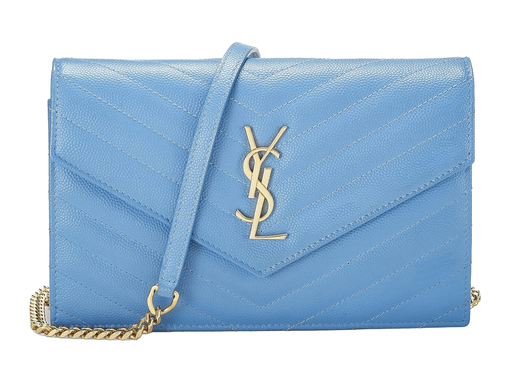 Yves Saint Laurent Pre-Loved Blue Grained Calfskin Envelope Wallet-On Chain (WOC), Blue