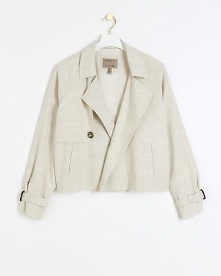 Beige Cropped Linen Blend Jacket