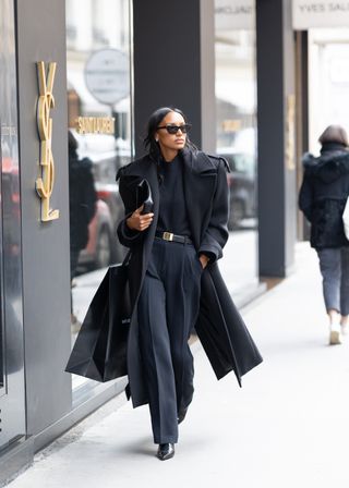 Jasmine Tookes styles wide-leg trousers