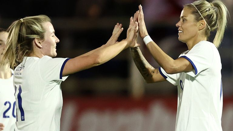 Lauren Hemp congratulates Rachel Daly after scoring against Italy