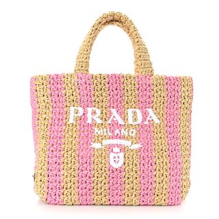 Prada Raffia Striped Small Logo Tote Tan Petal Pink