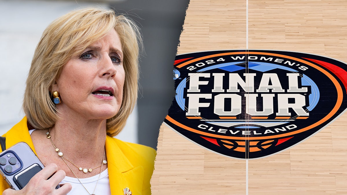 A split image of Rep. Claudia Tenney, a white woman with blonde hair, and the NCAA women's final four logo