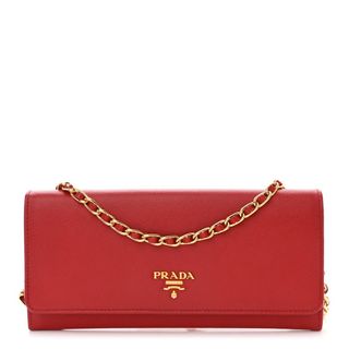 Prada Saffiano Metal Oro Chain Wallet Fuoco