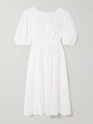 Pleated Broderie Anglaise Cotton Midi Dress