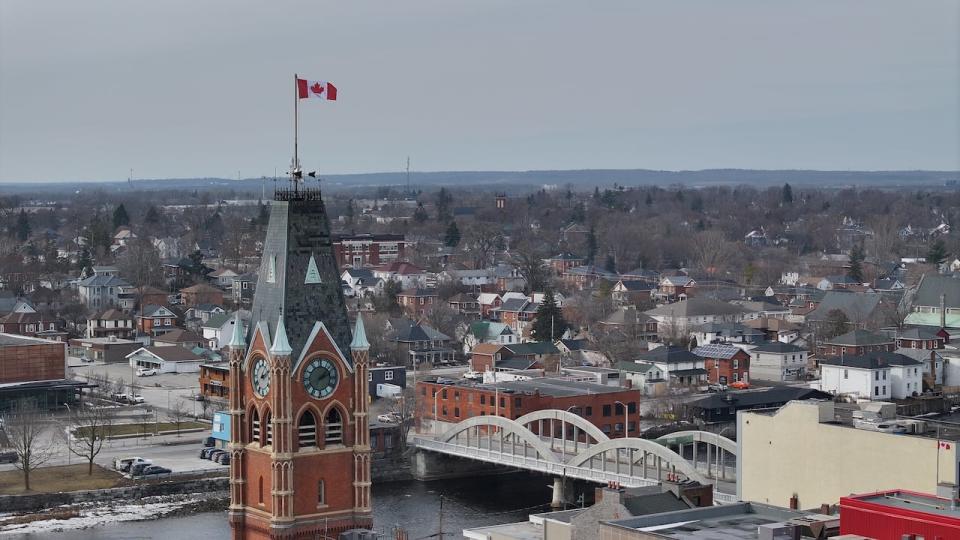 The tower on Belleville, Ont.'s city hall and part of the city beyond on Feb. 23, 2024. This photo was taken using a drone.