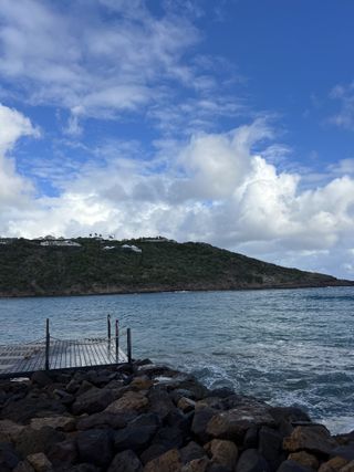 The view of the ocean at the Rosewood Le Guanahani resort where we did yoga.