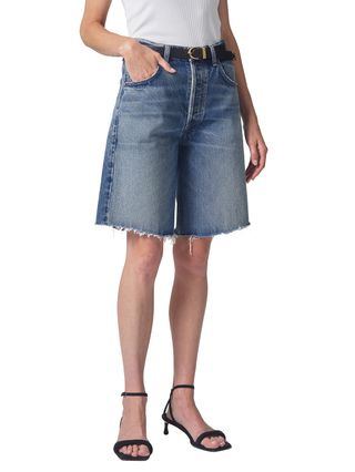 Ayla Frayed High Waist Baggy Long Denim Shorts