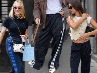 a fashion collage featuring three stylish women wearing Adidas track pants