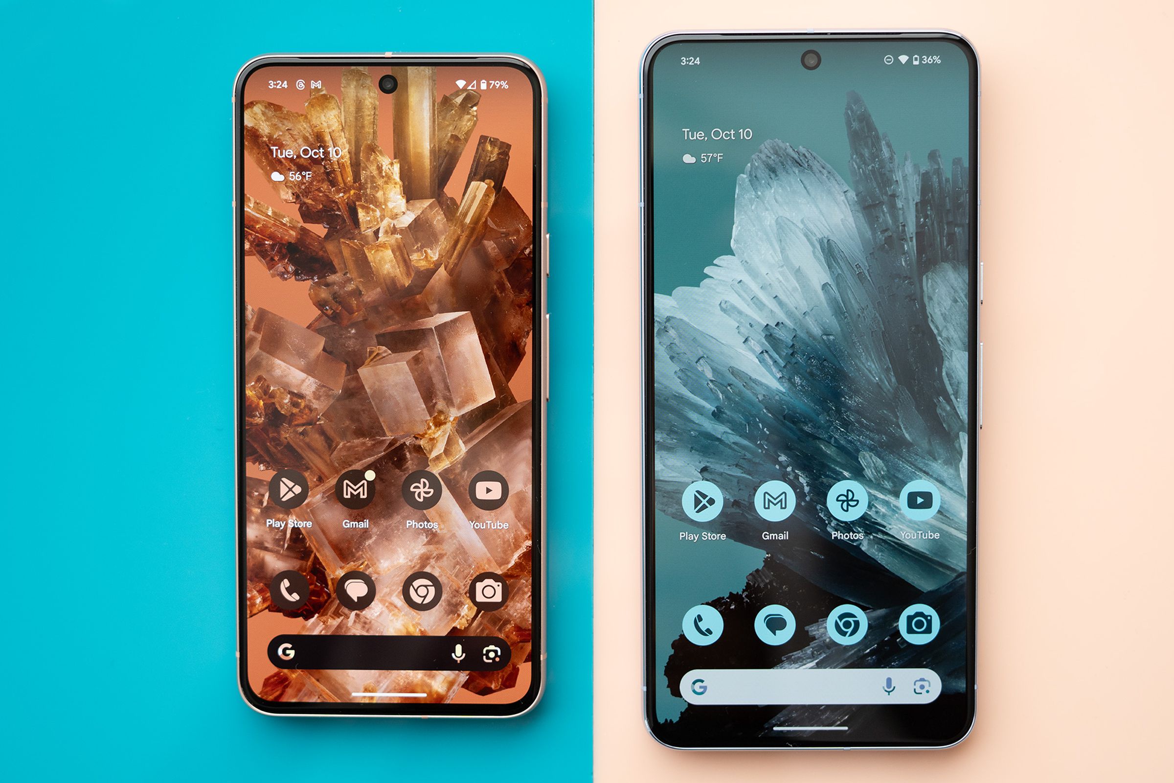 Google Pixel 8 and Pixel 8 Pro on pink and blue backgrounds showing home screens with mineral wallpaper