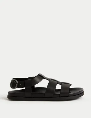 M&S Collection + Wide Fit Leather Ankle Strap Flat Sandals