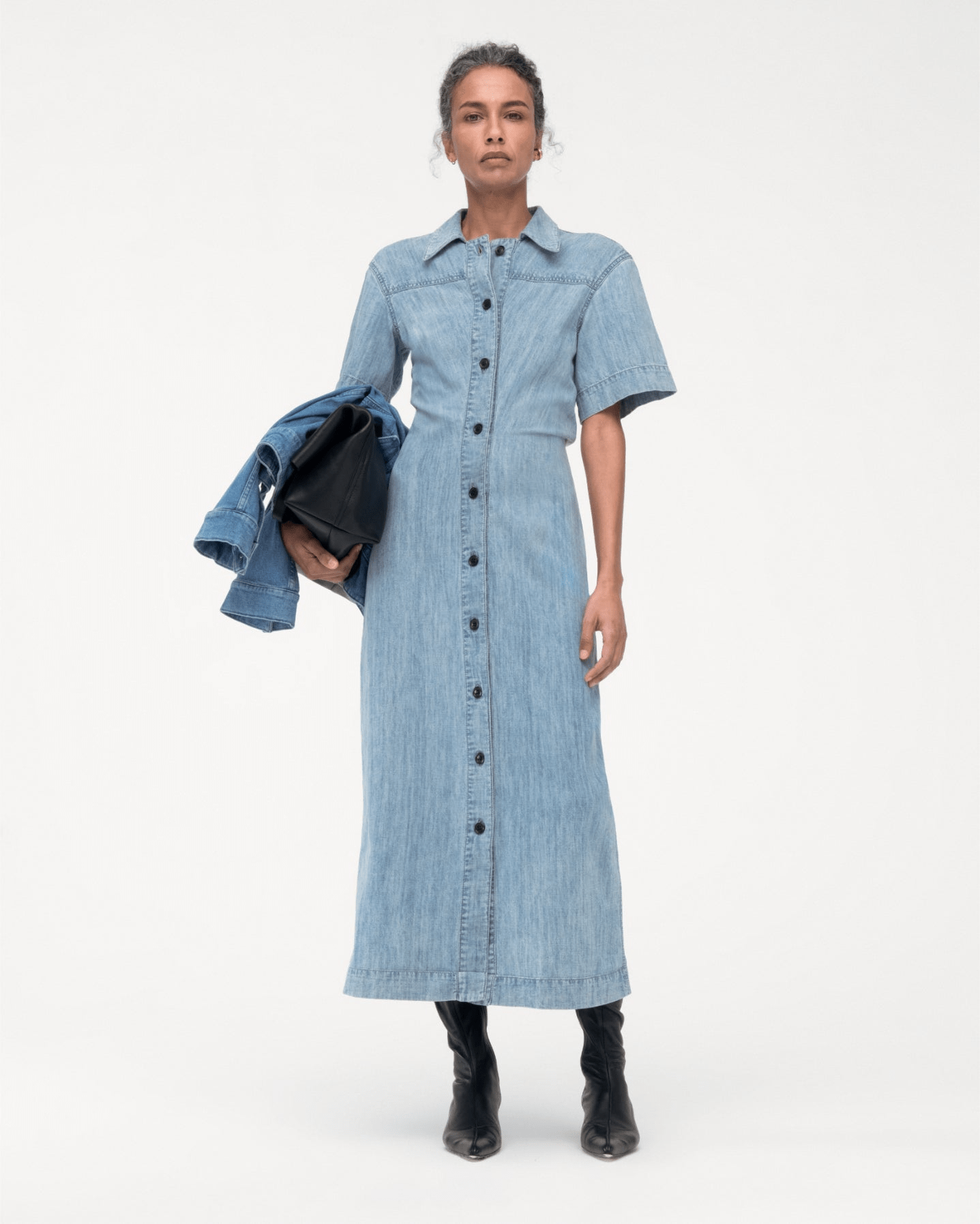 Another Tomorrow Chambray Bias Shirt Dress