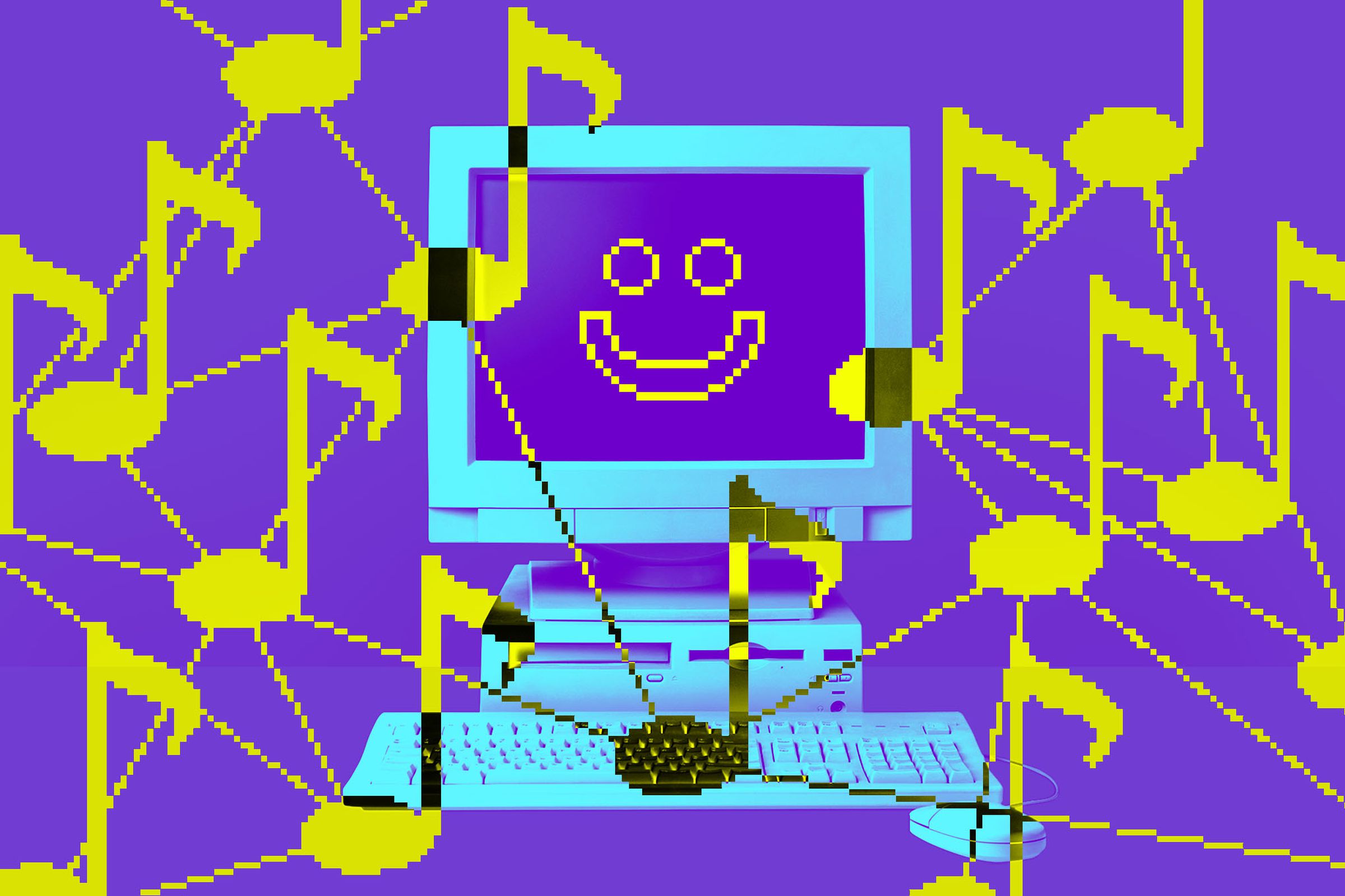 A smiling computer surrounded by music notes connected like data points.