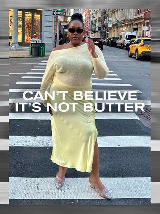 @aniyahmorinia wearing yellow sweater, yellow skirt, and clear heels on the street.